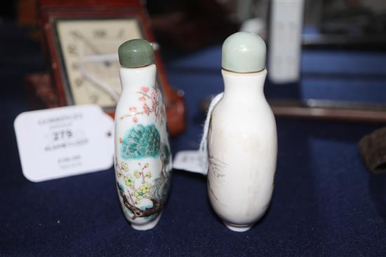 Two Chinese famille rose snuff bottles, 19th century, one with Qianlong mark Tallest 8cm incl. stopper